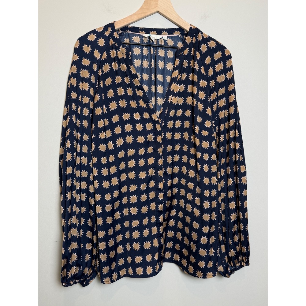 Boden 18 Geometric Button Up Tunic Blouse Navy Blue Gold Sun Star Silky Flowy